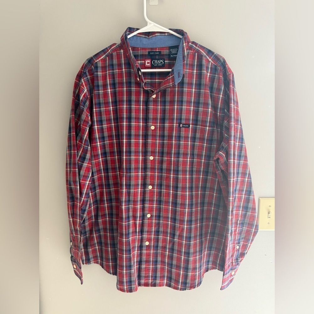 Chaps Button Down Long Sleeve Collared Shirt Men’s SZ XL Red Plaid Easy Care